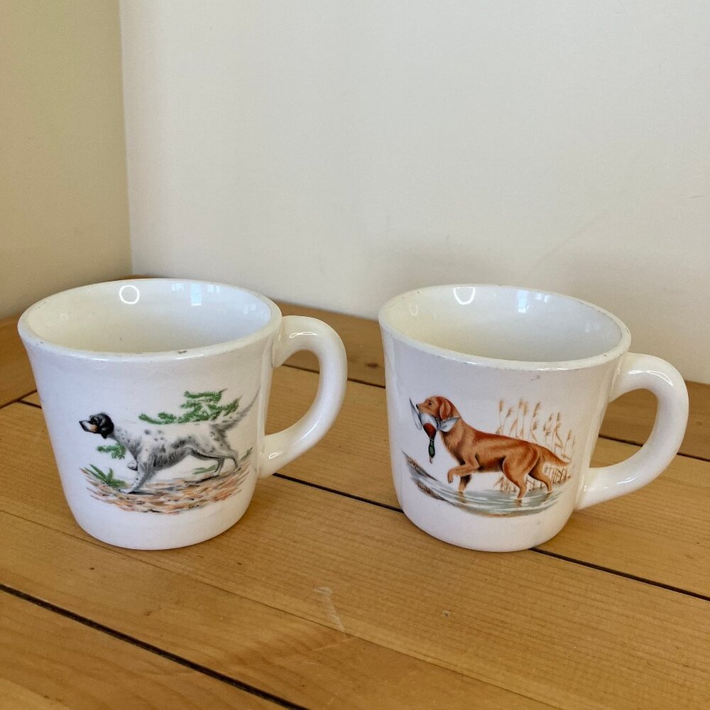 Hunting Retriever Dog Coffee Mugs Set of 2 Vintage Made in USA 8 oz Ceramic